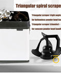 Hassle Free Electric Portafilter Cleaner With Integrated Coffee Grounds Knock Box For Espresso Makers 58mm Fit 150 Watt Spin Motor showing triangular scrapers.