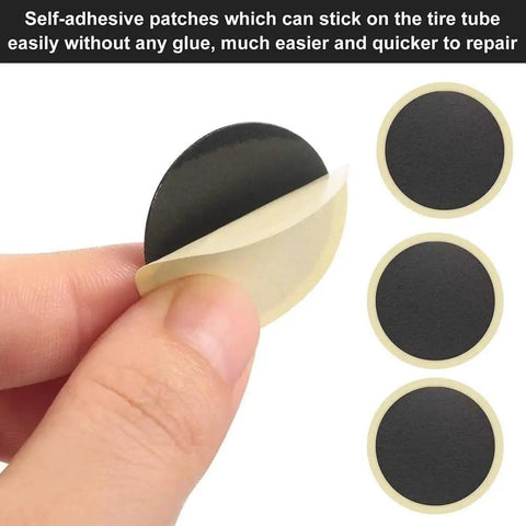 Close-up of 30 Pack Self Adhesive Glueless Bicycle Tire Repair Patches For Road And Mountain Bikes Black Durable Patch Kit