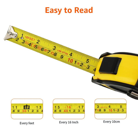 Self Locking Tape Measure With Belt Clip, 16 Feet, Inch And Metric Scale, MID Accuracy, yellow and black tape detail