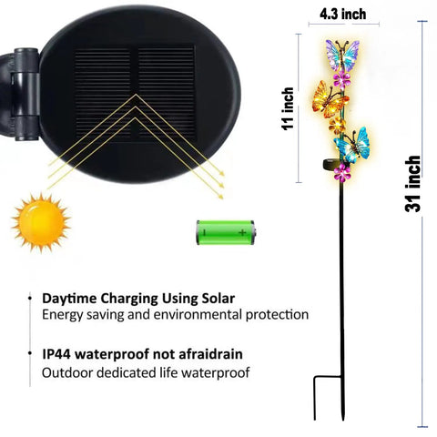 Outdoor Solar Butterfly Stake Lights Waterproof Garden Pathway Decor With Lit Up Soft Yellow Glow 2 Pack, dimensions and solar details