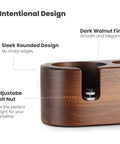 Close-up of Wooden Espresso Tamper Holder Station With 3 Slots, dark walnut finish, rounded edges, anti slip base, adjustable bolt nut.