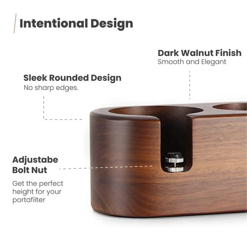 Close-up of Wooden Espresso Tamper Holder Station With 3 Slots, dark walnut finish, rounded edges, anti slip base, adjustable bolt nut.
