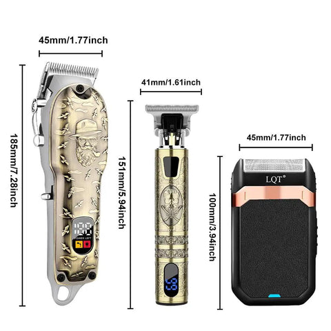All In One Men's Hair Clipper Set With LED Display, Cordless Pro Grade Hair Trimmer And Beard Shaver showing sizes.