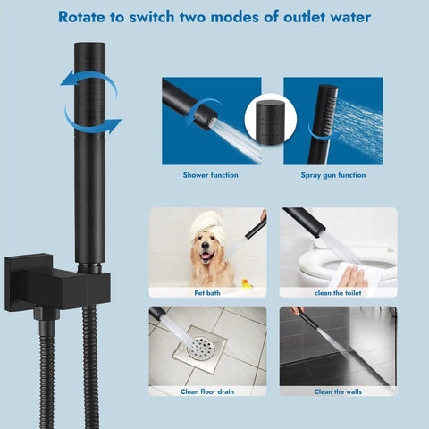 Close-up of Matte Black Rainfall Shower System With Tub Spout Wall Mount Faucet Set 12 Inch Shower Head And 2 In 1 Handheld Sprayer.