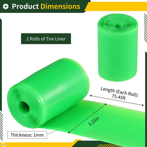 Two Rolls Bike Tire Liners For Road And Mountain Bikes Puncture Proof TPU Inner Tube Protector Fits 20 To 29 Inch Tires And 2 To 4 Inch Width Green Durable Shield For Everyday Rides, showing two green rolls with dimensions labeled.