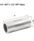 Stainless steel 1/2 in NPT male threaded pipe nipple, 2-inch length, external threads