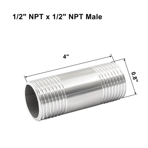 Stainless steel 1/2 in NPT male threaded pipe nipple, 2-inch length, external threads