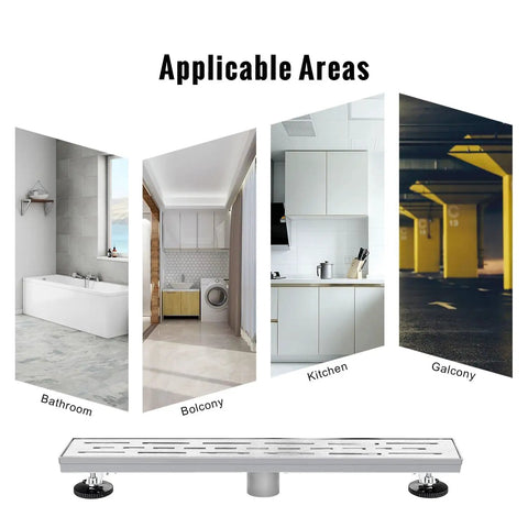 32 Inch High Flow Linear Shower Drain With Removable Grate Brushed 304 Stainless Steel Hair Strainer 2 Inch Outlet Adjustable Leveling Feet