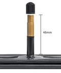 Close-up of 48mm Schrader valve on 4 Pack 700C Bike Tubes 35C To 43C Compatible Includes Rim Strips And Tire Levers Premium Butyl Rubber.