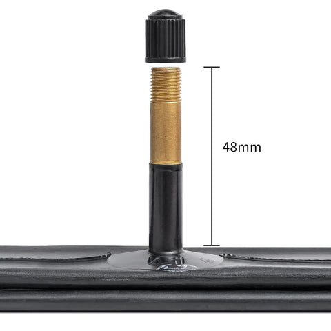 Close-up of 48mm Schrader valve on 4 Pack 700C Bike Tubes 35C To 43C Compatible Includes Rim Strips And Tire Levers Premium Butyl Rubber.