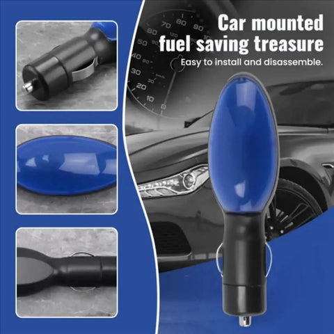Gas Saver Plug And Play For Car And Truck Portable Fuel Economy Device, compact blue ABS plug with close-up and front views