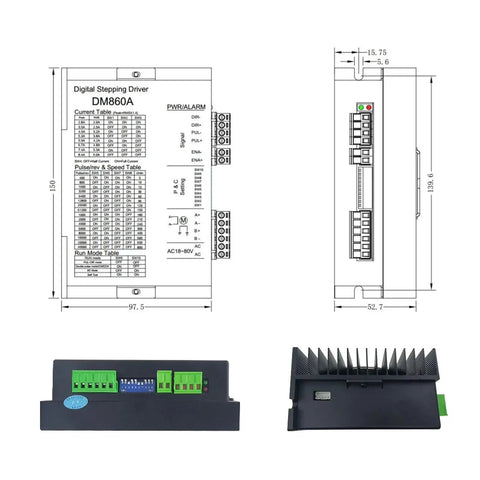 Technical drawing and components of DM860A Microstep Motor Driver for CNC Nema 34 Stepper Motors 2.4A 8.4A with dimensions