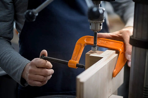 Person using 4-Inch C Clamp With 400 LB Clamping Force For DIY Projects And Light Woodworking, Zinc Plated Acme Screw, 3 Inch Throat