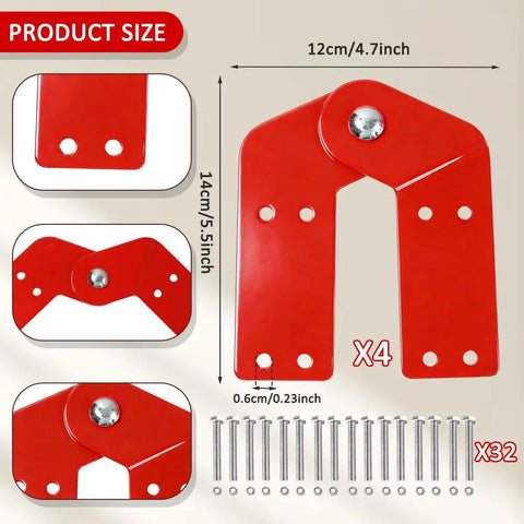 4 Pack Attic Ladder Hinge Kit For Folding Stairs Beefed Up Wobble Free Herringbone Pivot Joint Replacement Heavy Gauge Zinc Plated Steel Hardware Industrial Rigidity For High Vertical Load, red steel hinge kit with 32 screws