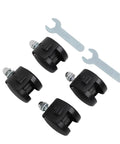 Four black caster wheels with brakes and metal stems, plus two wrenches for Midea electric oil heaters