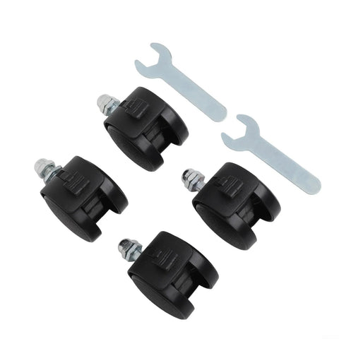 Four black caster wheels with brakes and metal stems, plus two wrenches for Midea electric oil heaters