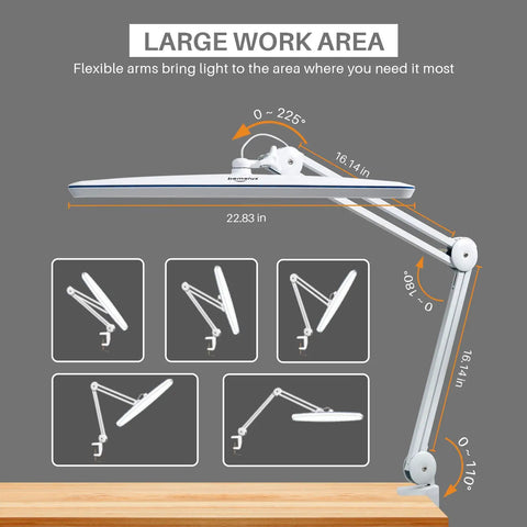 Task Lamp With Clamp For Desk Or Workbench 23 Inch Wide Head 117 LEDs 24W 2200 Lumen Dimmable Swing Arm Light flexibility shown