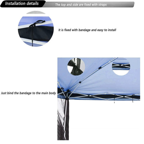 Installation detail of 10x10 Mosquito Netting For Patio Canopy Tent Pop Up Canopy With Double Door Side Screen Easy Install Black Net Only No Frame Keeps Bugs Out While You Chill Outdoors This Summer showing strap fastening method