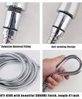 Close-up of flexible stainless steel hose with chrome finish and universal fitting for Pet Shower Attachment Kit With Handheld Sprayer.