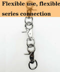 Three silver lobster clasp trigger hooks linked by rings; metal swivel clips for keychains