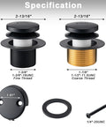 Specifications of Top Shelf All Metal Bathtub Drain Stopper Kit featuring Tip Toe Kick Down Plug and overflow with measurements.