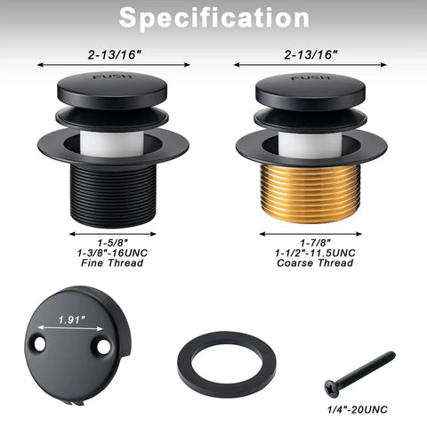 Specifications of Top Shelf All Metal Bathtub Drain Stopper Kit featuring Tip Toe Kick Down Plug and overflow with measurements.