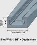 Technical drawing of 12 Inch T Track Kit Aluminum Double Track Set with slot width 3/8 inch and outer width 3/4 inch.