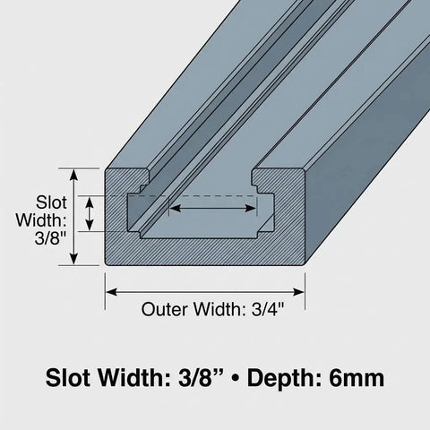 Technical drawing of 12 Inch T Track Kit Aluminum Double Track Set with slot width 3/8 inch and outer width 3/4 inch.