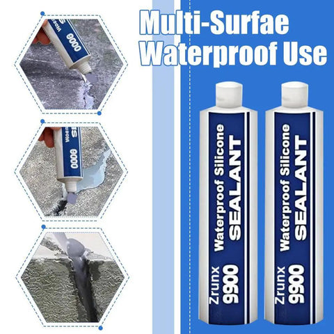 Heavy Duty 9900 White Silicone Structural Sealant Waterproof Adhesive For Roofing Bathroom Construction DIY Repairs Knockout Bonding Compound Game Changer Caulking Tube shown in use on various surfaces.