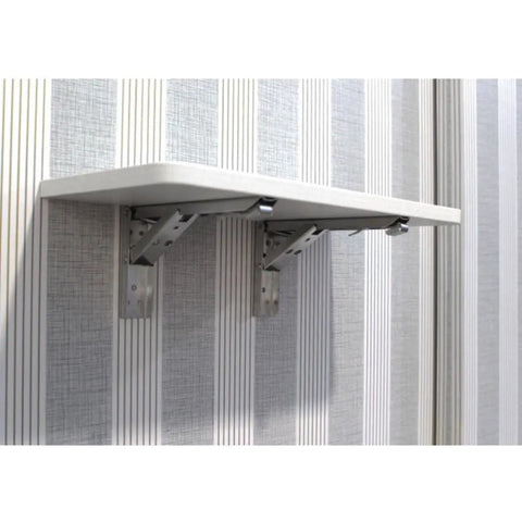 Stainless Steel Foldable Shelf Brackets Wall Mounted 2 Pack Triangle Corner Supports holding a shelf on wall