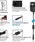 Diagram showing features of 24V 1A Power Adapter Charger for LED strips, fish tanks, and massage guns including plug design and cable length.