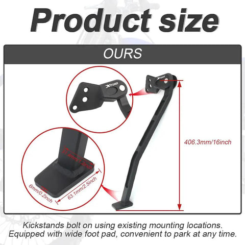 Dirt Bike Kickstand Aluminum Side Stand For YZ250F YZ450F 2014 2026 shown with size dimensions and wide foot pad.