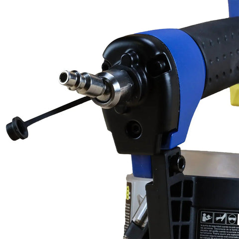 Close-up of Workhorse Pneumatic 15 Degree Coil Roofing Nailer With One Quarter Inch NPT Swivel Fitting.