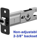 Matte Black Pocket Door Lock Set In Zinc Alloy, 2-3/8 Backset, Square Handles, Privacy Lock latch mechanism close-up