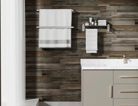 Bathroom wall with Driftwood Peel And Stick Vinyl Wall Planks For Easy Self Adhesive Wall Panels Waterproof Lightweight And Flame Rated