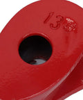 Close-up of a red heavy duty manual pipe bender eyelet, showing hole for conduit, made from heat treated carbon steel.