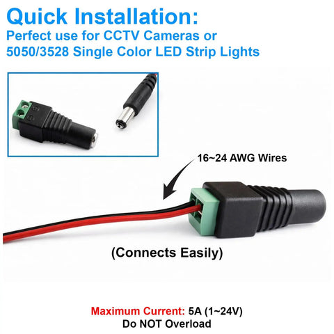 Rock Solid 12V DC Power Splitter With Two Male And Two Female Barrel Connectors For LED Strip Lights And CCTV Cameras, showing connectors and wiring.