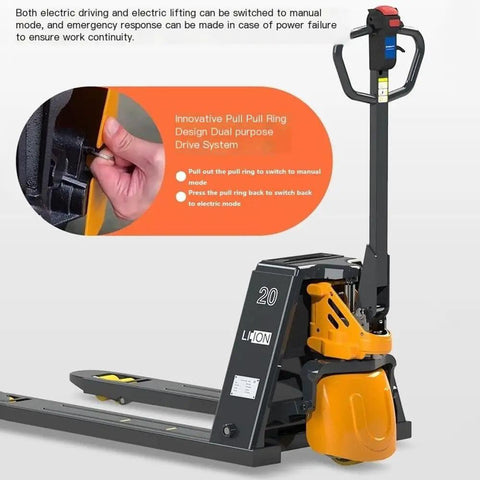 Rock Hard 4400 Lb Capacity Electric Pallet Jack With Fast Lithium Battery Walkie Truck, showing pull ring design for manual mode switch.