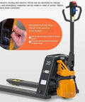 Heavy Duty Electric Pallet Jack Truck With 4400 Pound Lifting Capacity And Fast Charging Lithium Ion Battery showing pull ring design and control.