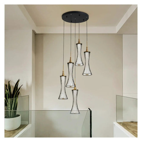 Modern Black Creative Pendant Lamp Pretty Waist LED Light for Duplex Living Room Staircase Loft Restaurant (Colour: 1Light Size: Neutrallight4000K) (5lights Neutrallight4000K) hanging in a stylish interior with smooth metal finish.