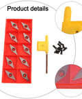 Top Shelf Carbide Indexable Inserts For Wood Lathe Turning Tools, Square Four Sided Cutters With Screws And Wrench, set of ten blades displayed in red holder.