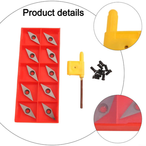 Top Shelf Carbide Indexable Inserts For Wood Lathe Turning Tools, Square Four Sided Cutters With Screws And Wrench, set of ten blades displayed in red holder.