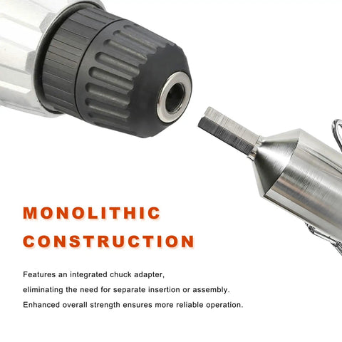 Close-up of heavy duty trailer jack drill adapter showing integrated chuck adapter with stainless steel finish.