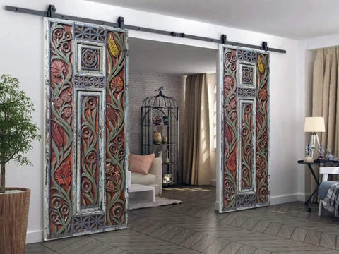 Floral Carved Barn Wood Door 71x34 Inch Rustic Farmhouse Entry Pantry Door Double Or Single Sliding Door No Glass No Hardware