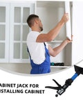 Man using Heavy Duty Telescopic Cabinet Lift Jack With Adjustable Support Pole for quick wall setup of upper cabinet.
