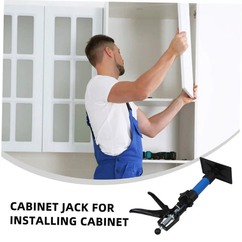 Man using Heavy Duty Telescopic Cabinet Lift Jack With Adjustable Support Pole for quick wall setup of upper cabinet.