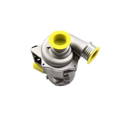 Top Rated Electric Water Pump And Mounting Bolts For BMW Cooling Systems Straight Fire Performance To Keep Your Engine Running Slick Compatible With 328i 330i 528i 530i And X3 Models, showing a gray electric pump with yellow fittings.
