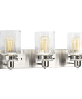 Calhoun Collection Clear Glass Farmhouse Bath Vanity Light Three Light Brushed Nickel Vintage Inspired Fixture For Modern Bathrooms
