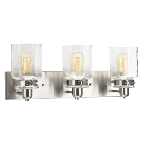 Calhoun Collection Clear Glass Farmhouse Bath Vanity Light Three Light Brushed Nickel Vintage Inspired Fixture For Modern Bathrooms