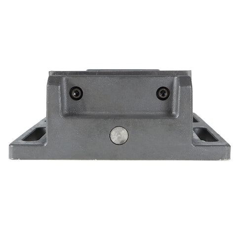 Heavy Duty Six Inch Iron Cast Drill Press Vise Featuring Precision Guide Rods And Rock Solid Hardened Steel Jaws front view with mounting holes.